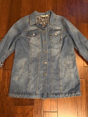 Chico's Light Blue Denim Longline Jacket with Leopard Lining